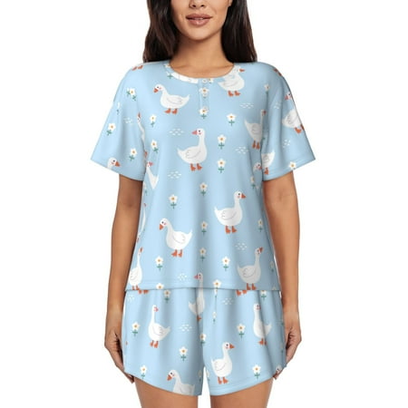 Sikiie Goose White Flowers Womens Pajama Sets Short Sleeve Top With Pants Sleepwear 2 Piece Lounge Set-Large