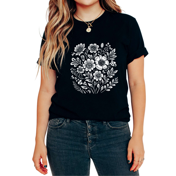 UNISHE Women's Minimalist White Floral Silhouette Graphic Cotton Short Sleeve T-Shirt Soft and Breathable Tees Tops