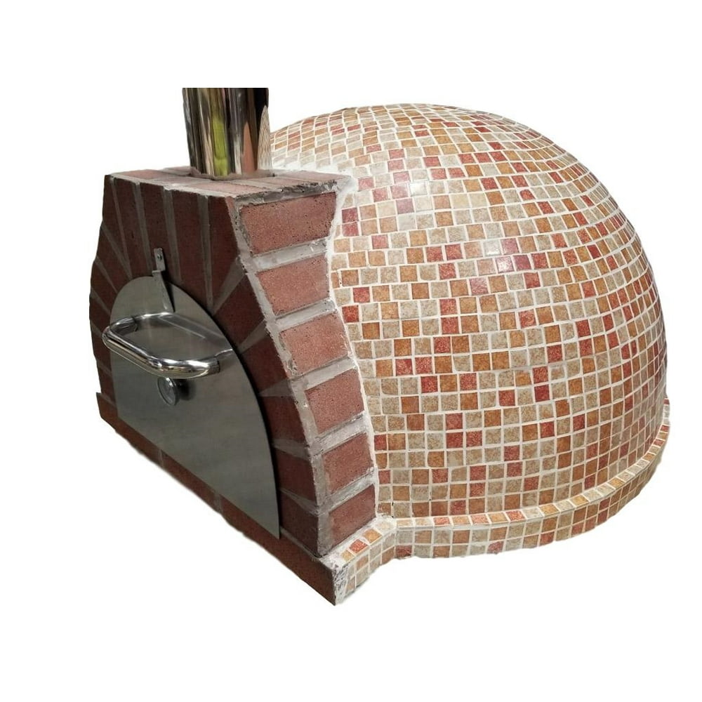 Pizza Oven Outdoor Red Orange Tan Mosaic Tile, Wood Coal Fired BBQ