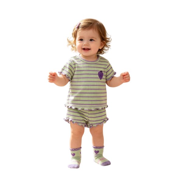 Bobifish Toddler Girls Outfit Sets Summer Horizontal Striped Short Sleeve T-Shirt Elastic Waist Shorts 2 Piece Sets