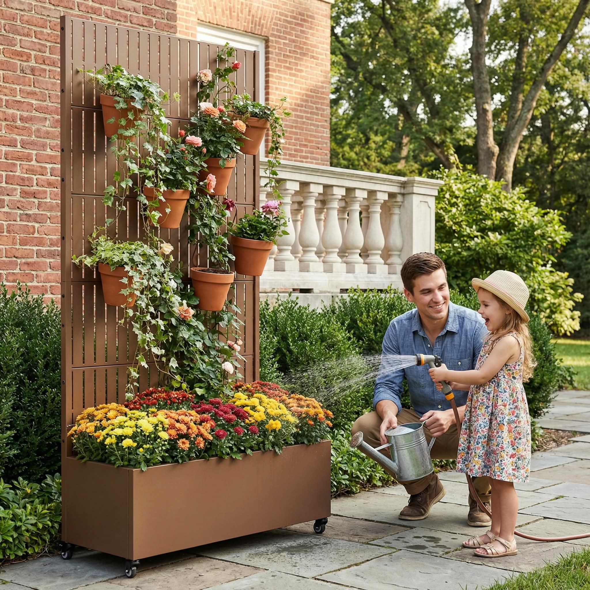 MAYEERTY 72X35" Metal Outdoor Brown Privacy Screen with Planter Box for Backyard & Garden, 5 Piece Set