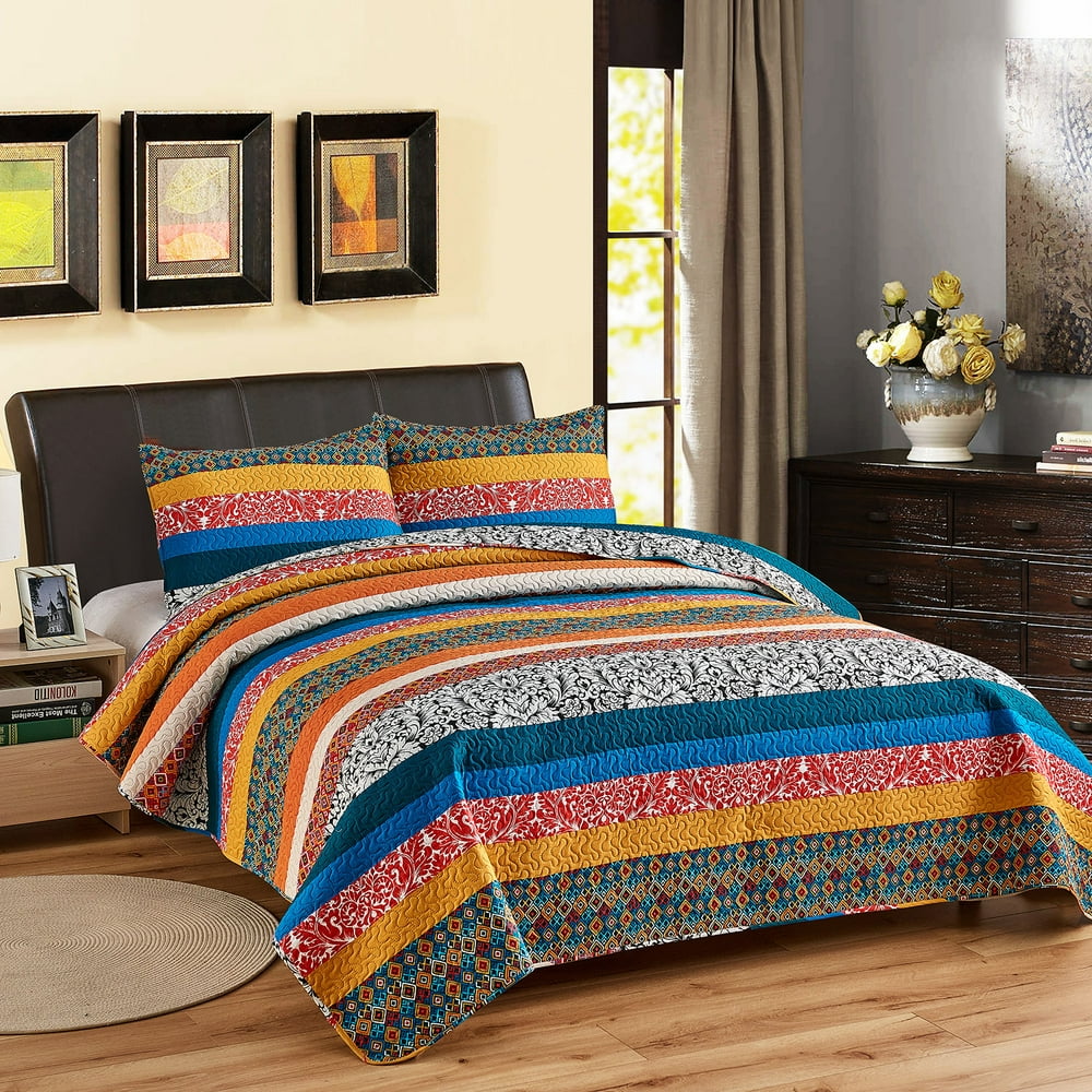 Multi Colors Strips Printed 3 Piece Quilt Bedding Set, Full/Queen Size