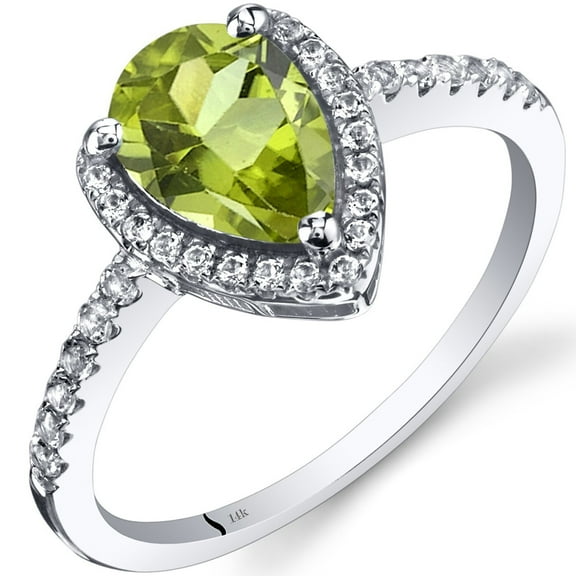 PEORA Peridot Teardrop Halo Ring for Women 14K White Gold with White Topaz, Natural Gemstone, 1.25 Carats Pear Shape 9x6mm, Size 6