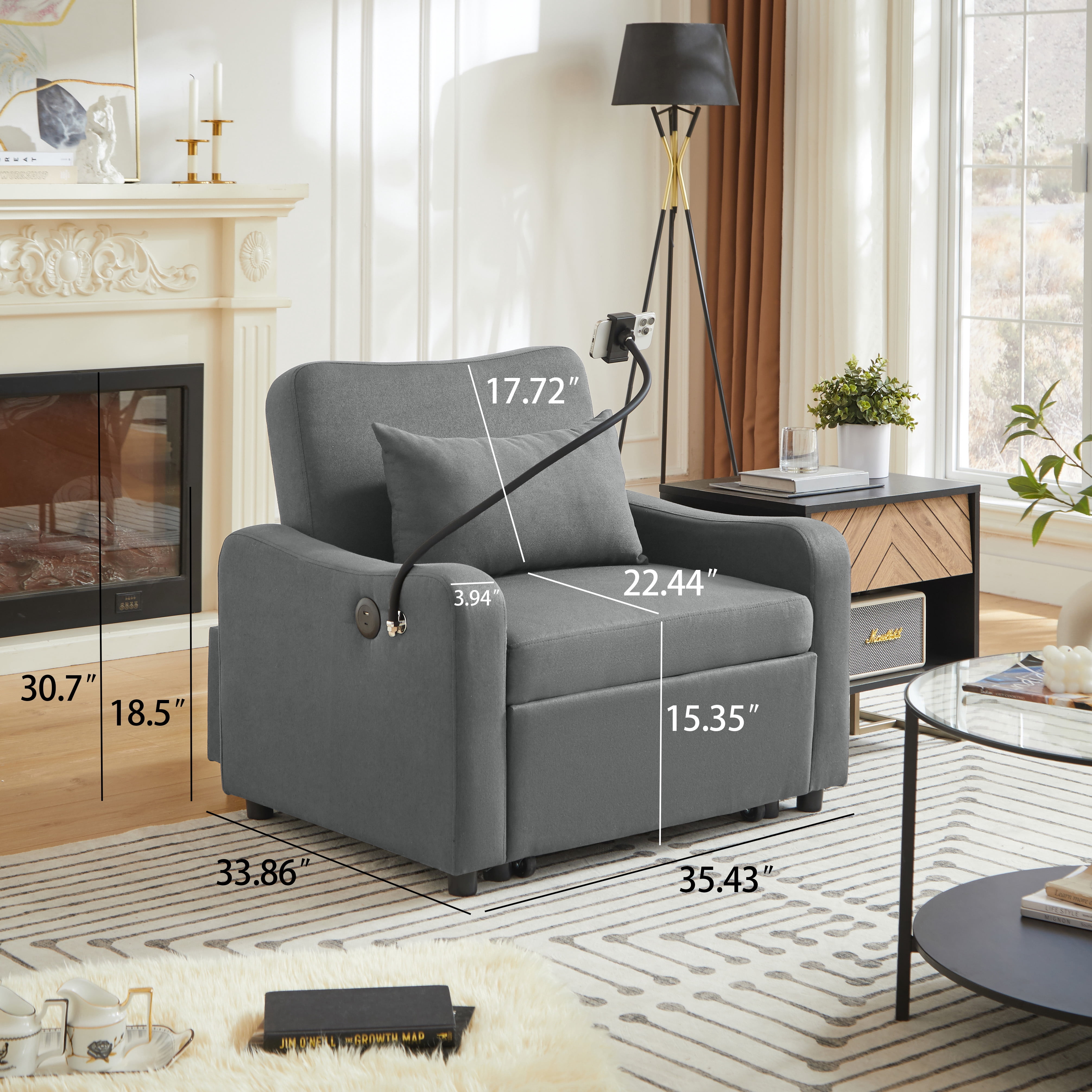 Leumius Convertible Sleeper Sofa Chair Bed,3 in 1 Linen Single Sofa with USB Port and Phone Holder,Pull Out Couch Recliner with Adjustable Backrest for Living Room, Office, Small Place,Dark Gray