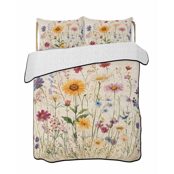 Quilts Queen Size, Spring Floral Soft Comforter Bedding Set for Bed, Vintage Pastoral Rustic Botanical Flowers Lightweight Quilted Bedspread with Pillow Cover(2 Pieces) for All Season, 90x96 Inch