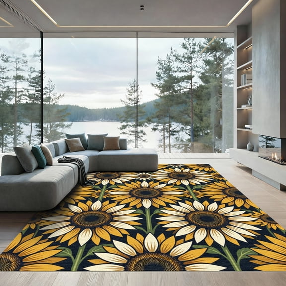 ODIKA 4'x6' Machine Washable Non-Slip Area Rug, Graphic Yellow High Traffic Rug, Yellow, 1123180