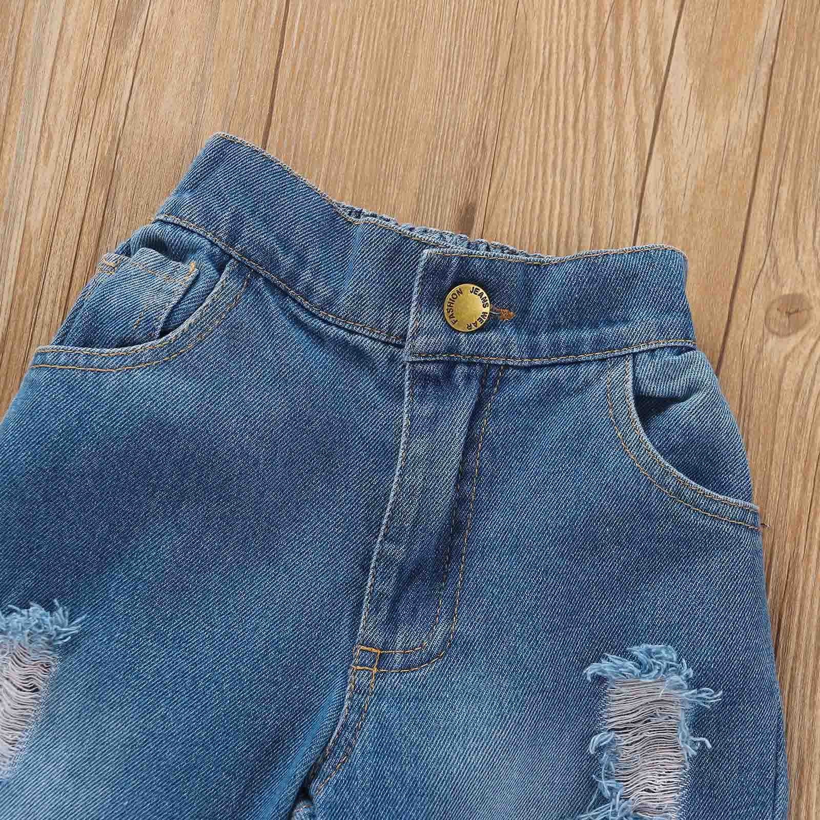 Daqian Baby Girls Clothes Toddler Baby Girls Fashion Cute Solid Color Frenulum Vest Top Ripped Jeans Pants Suit Toddlers Girls Clothes Size 2T-5T Blue 2-3 Years