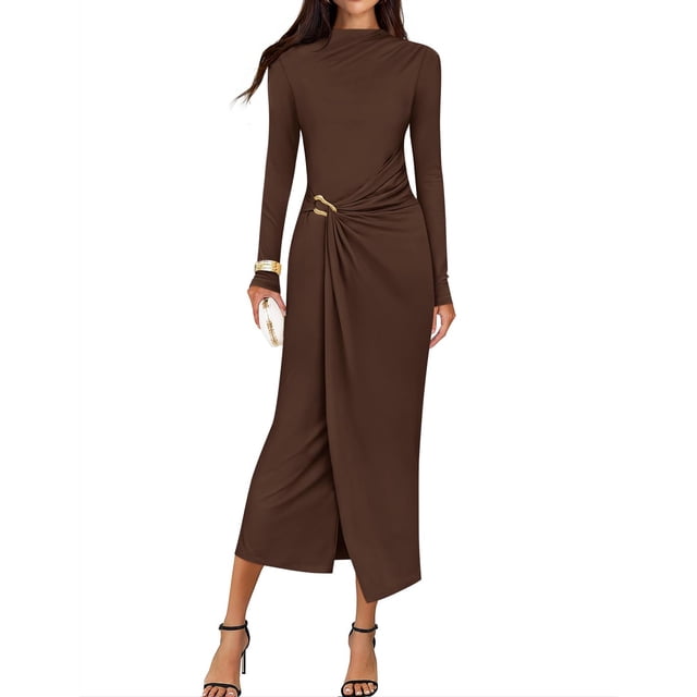 Vestido ZESICA 2026 Spring Manga Larga Bodycon Marrón para Mujer