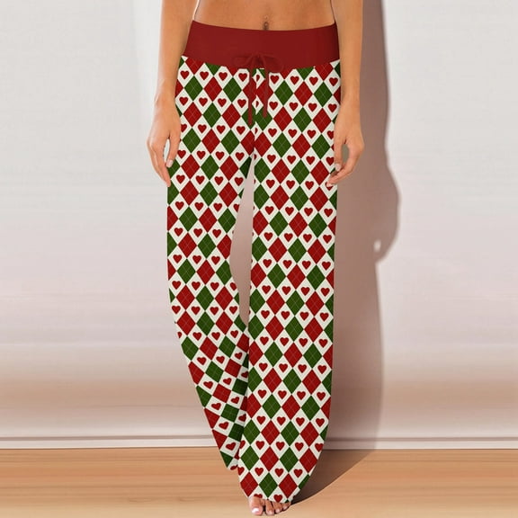 Women's Pajama Pants Sleepwear, Casual Drawstring Elastic Waist Pants, Comfy Straight Yoga Loose Trousers with Love Print,Pink,L