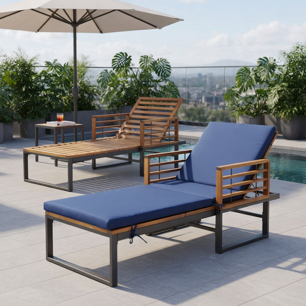 Hommoo Adjustable Outdoor Chaise Lounge Chair with Removable Cushion, Sturdy Acacia Wood & Metal Frame, 4-Position Reclining Backrest for Poolside, Patio, Backyard, Navy