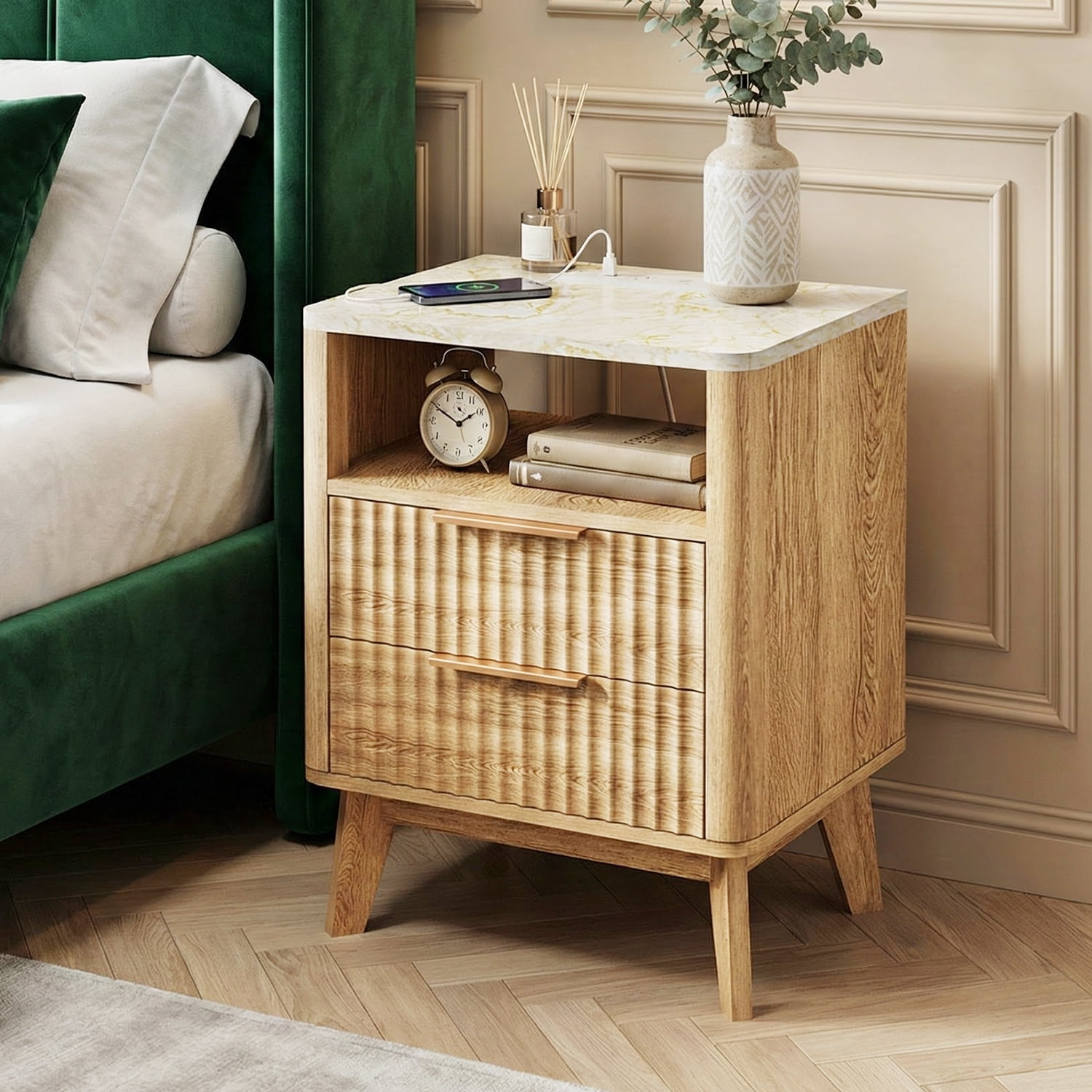 TOMNK Nightstand with Charging Station, 18" Modern Side Table with Faux Marble Top, 2 Drawers End Table w/Storage, Bedside Table for Bedroom, Living Room, Curved Profile Design, Natural Oak