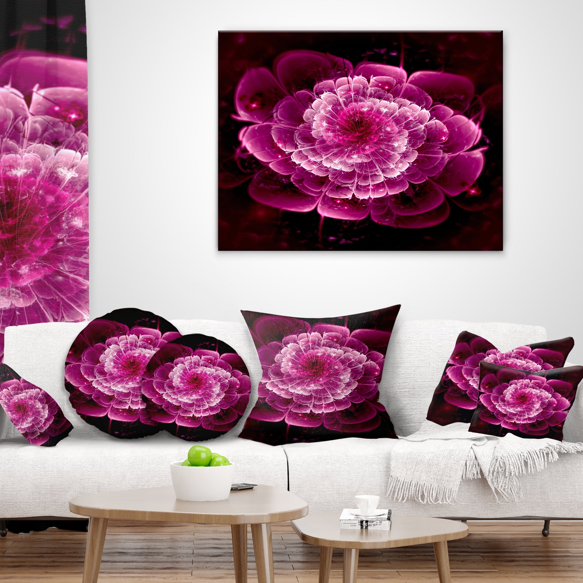 Designart Fractal Flower Dark Pink - Floral Throw Pillow - 16x16