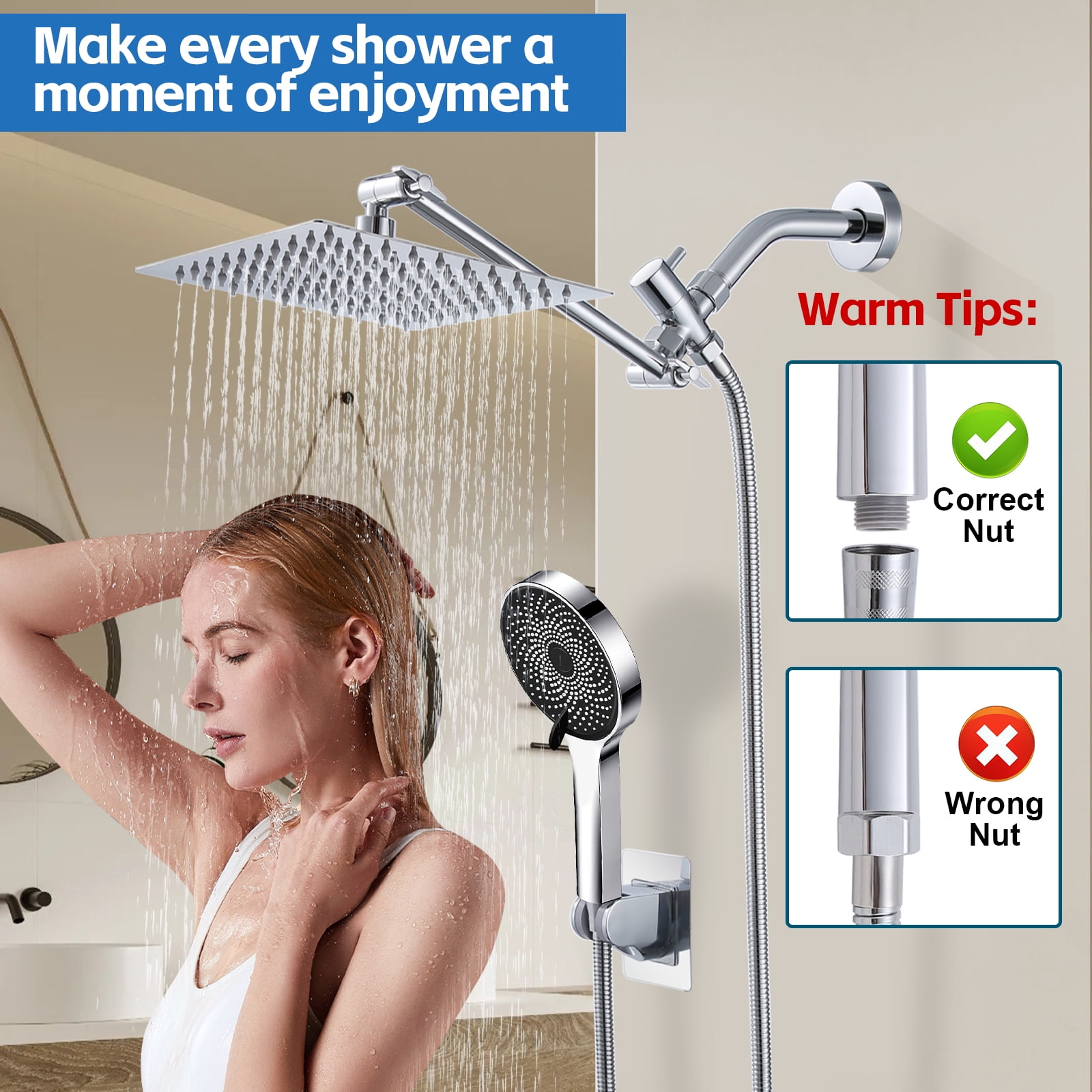 Scilulu 8"Rain Shower Head with Handheld Spray Combo with 11'' Angle Adjustable Extension Arm/Flow Regulator/Shower System,High Pressure Rainfall Shower Head Clean Bathroom,Chrome