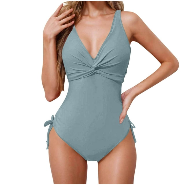 Bocqde One Piece Bathing Suits for Women Plus Size Summer Solid Push Up Ruched Tummy Control Monokini Swimsuits Fashion Sexy Backless Tie Side V Neck Strap Swimwear