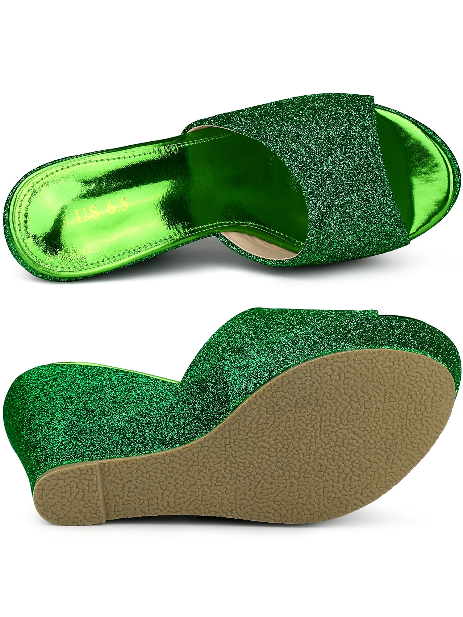 DARING DIVA Women's Glitter Platform Slip-on Wedge Heels Sandals Green 8.5