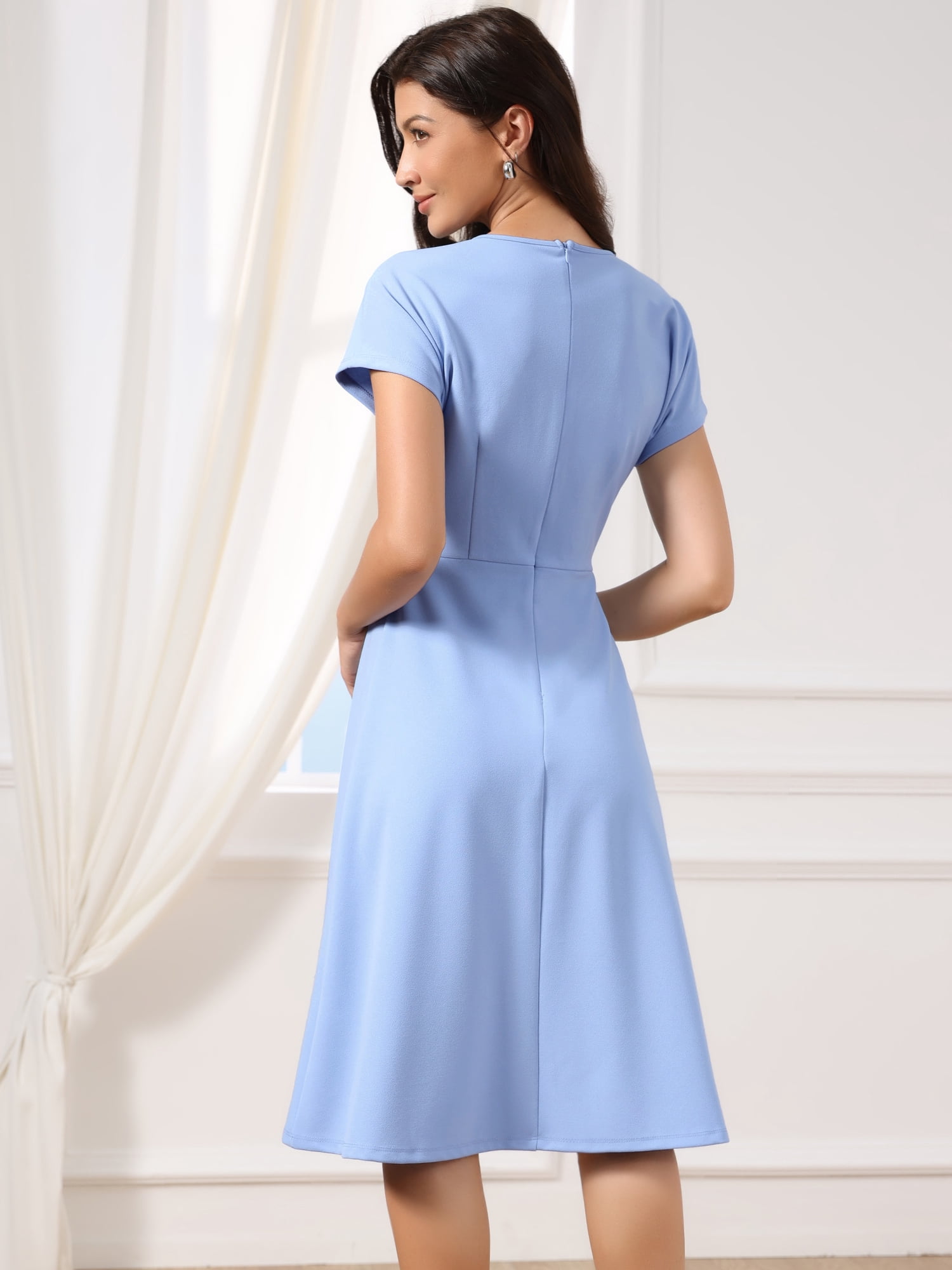 DARING DIVA Women's A Line Short Sleeve Dressy Midi Casual Dresses L Light Blue