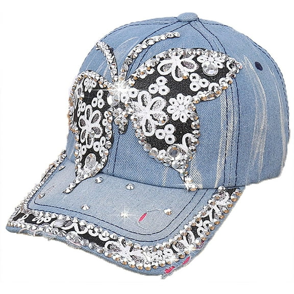 Rhinestone Denim Baseball Cap for Women Fashion Sun Hat Metal Buckle Adjustable Bling Diamond Traveling Hat