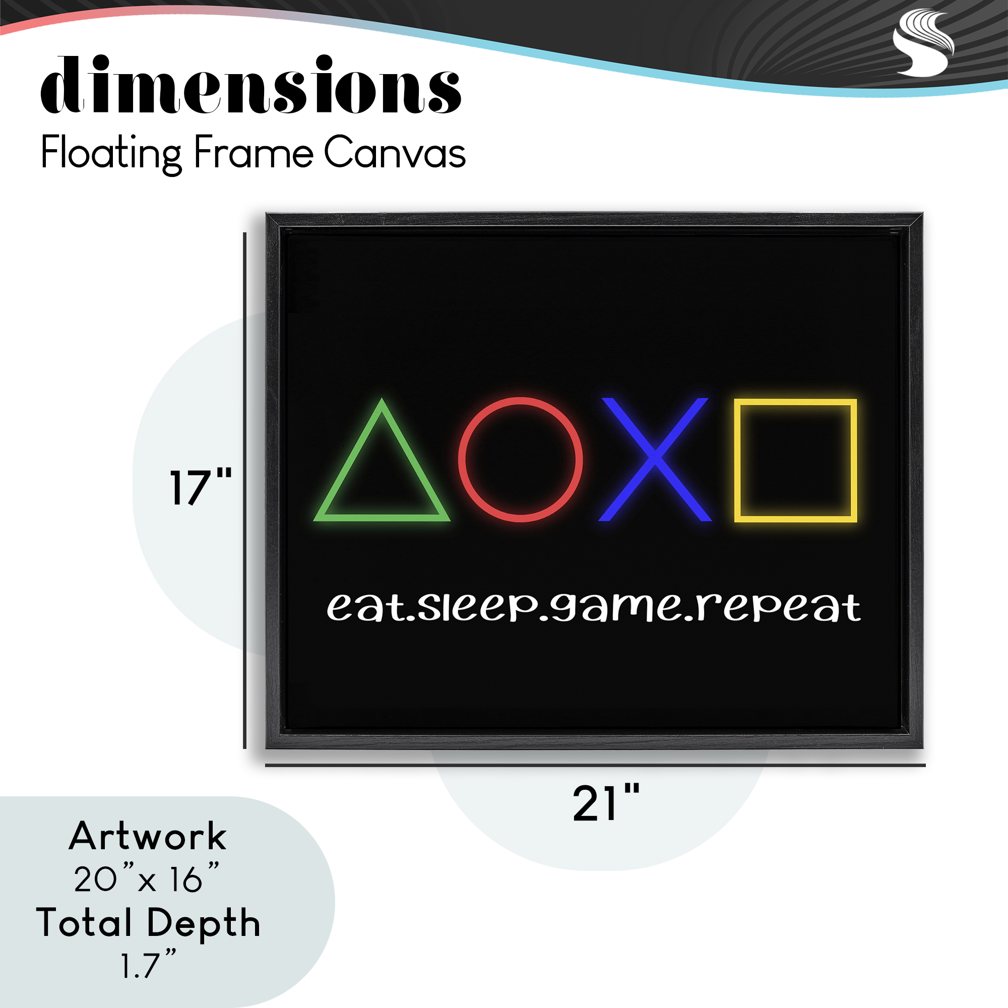 Neon Gaming Symbols & Words Black Framed Floater Canvas Wall Art, design by Christine Simpson Art