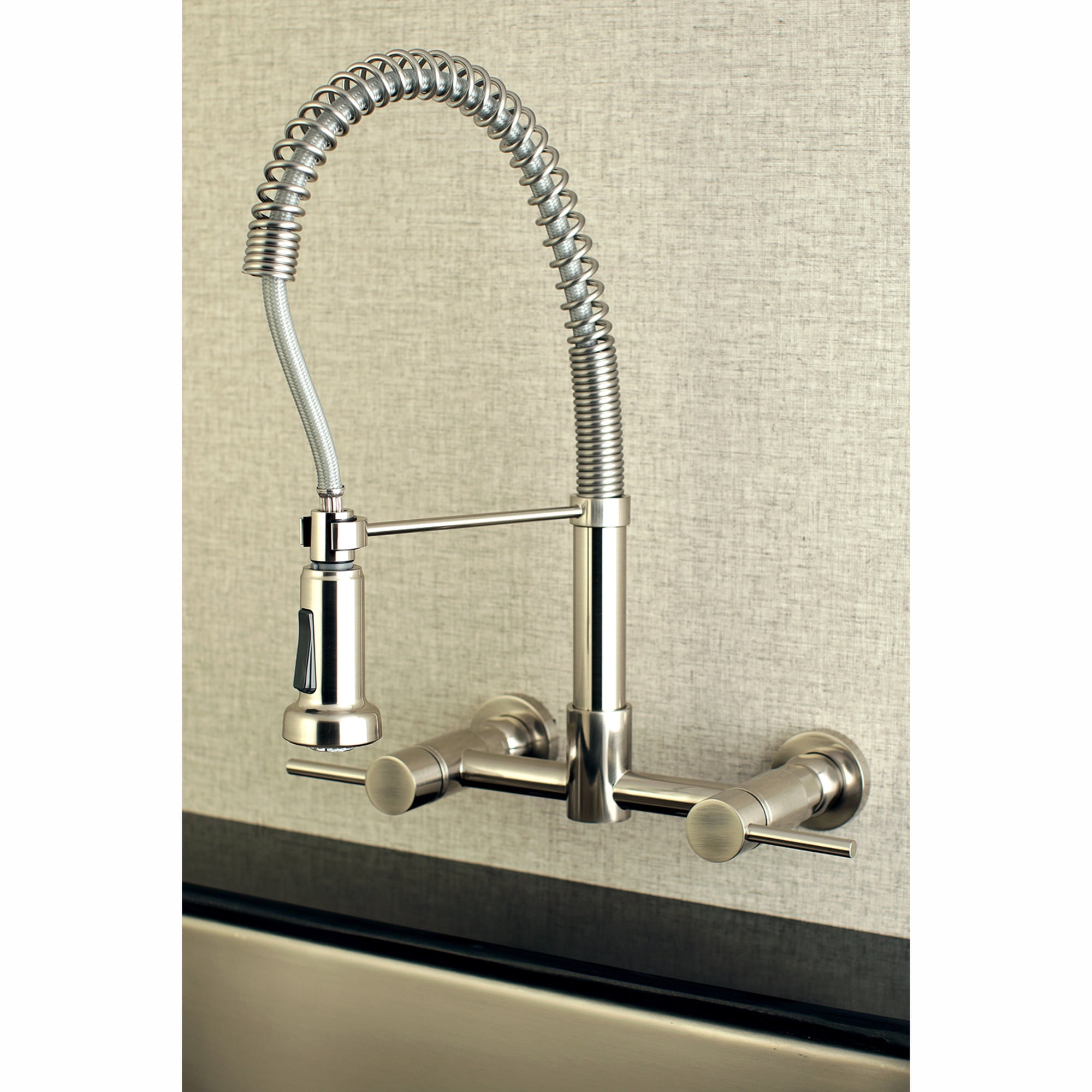 Gourmetier GS8188DL Concord Double-Handle Wall-Mount Pre-Rinse Bridge Kitchen Faucet, Brushed Nickel