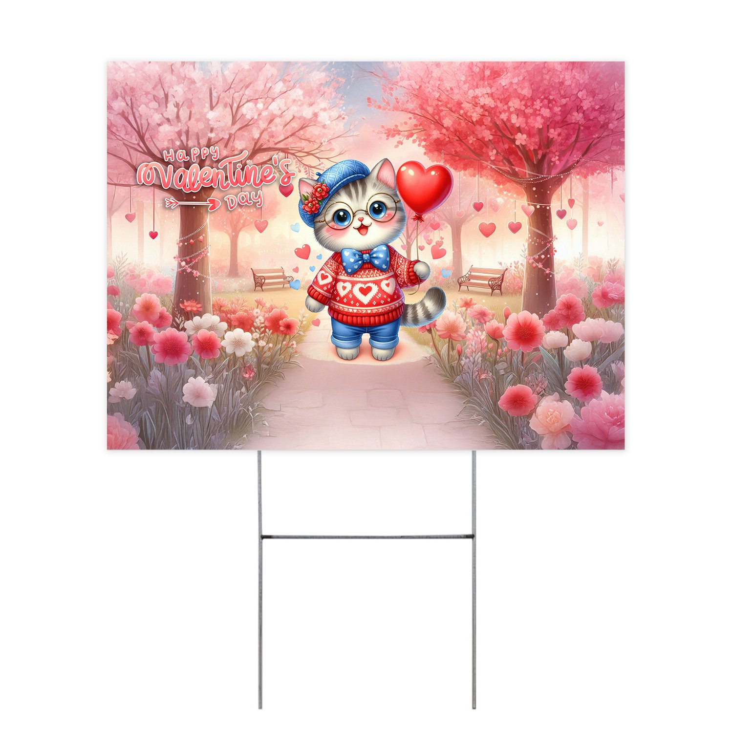 Happy Valentine’s Day Adorable British Shorthair Kitten Holding Heart Balloon Yard Sign Cat Lover Kitten Owner Gifts Outdoor Home Lawn Garden Porch Decor - 00030