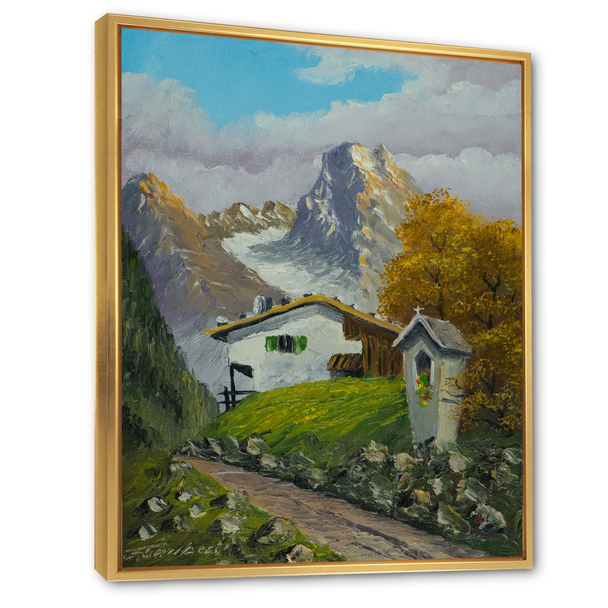 The Path Leading To A House Along Wayside Shrine 16 in x 32 in Framed Painting Canvas Art Print, by Designart
