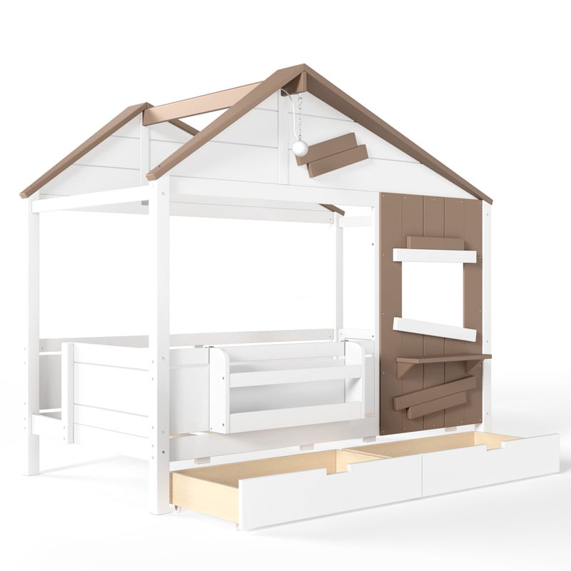 Twin House-Shaped Kid's Bed with Built-in Bookshelf & Light Bulb, Wooden Platform Bed Frame with 2 Drawers & 5 Round Hooks