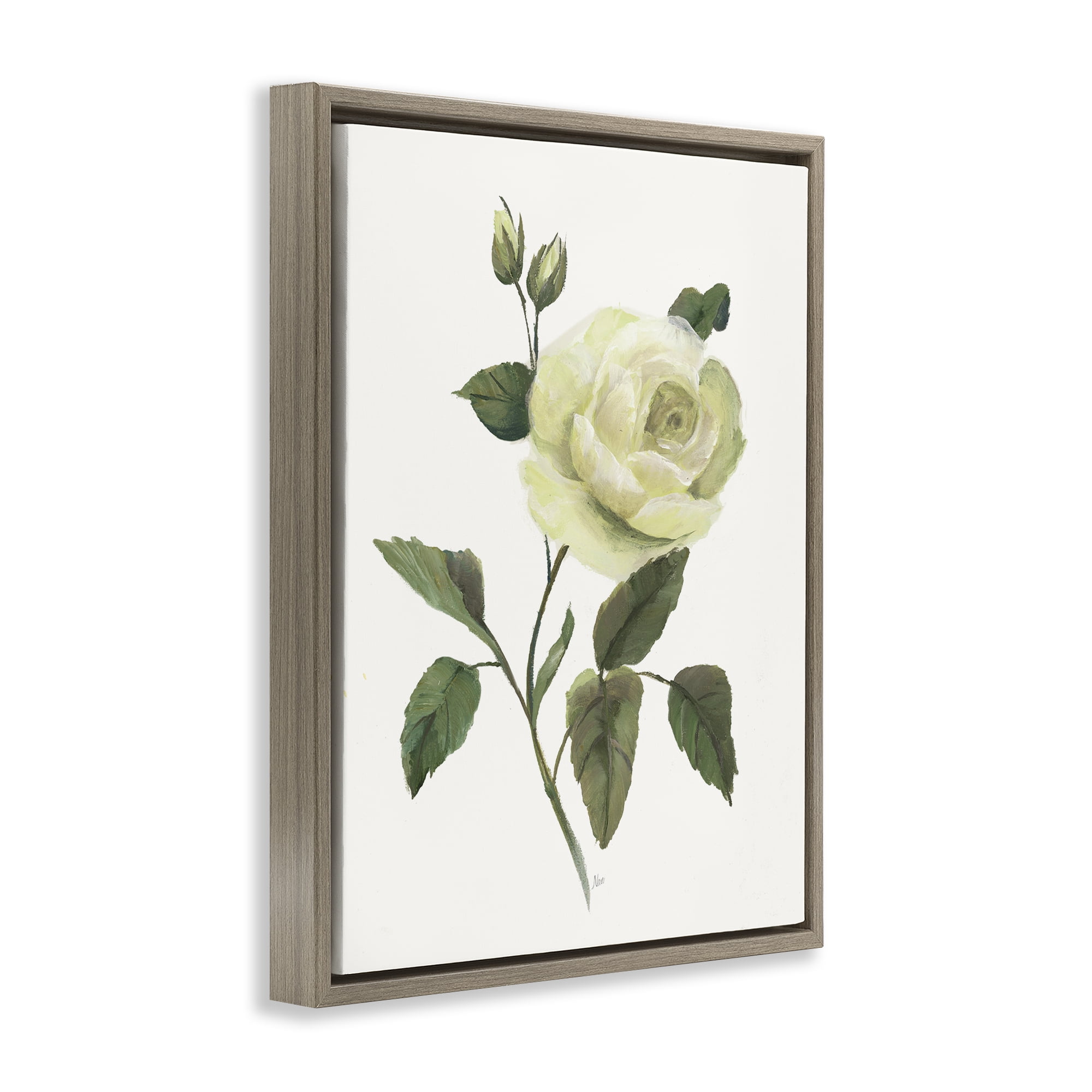 Stupell Industries Cream Garden Rose with Buds Brown Framed Floater Canvas Wall Art, design by Nan