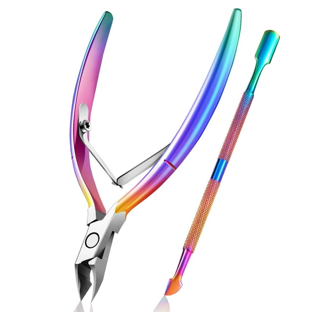 Recortador de cutículas con empujador de cutículas, cortador de cutículas de acero inoxidable, herramientas de manicura de pedicura duraderas para uñas de manos y pies, 2 piezas (arco iris) Zhivalor WMXL-339