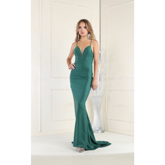 V Neck Spaghetti Strap Prom Dress Hunter Green 2