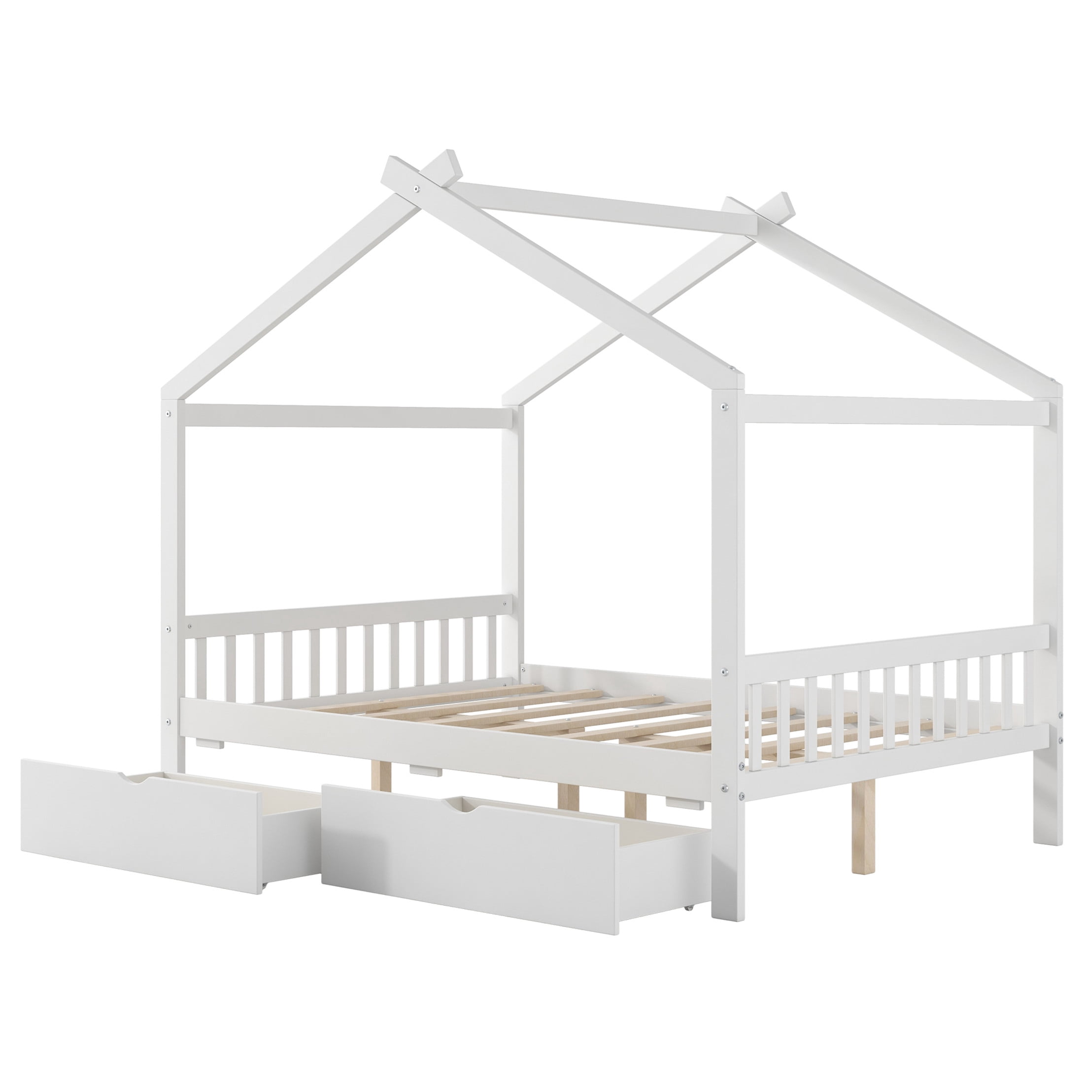 Noble House Clavell Full Size House Bed with 2 Storage Drawers, Headboard and Footboard, Playful Roof Design, White