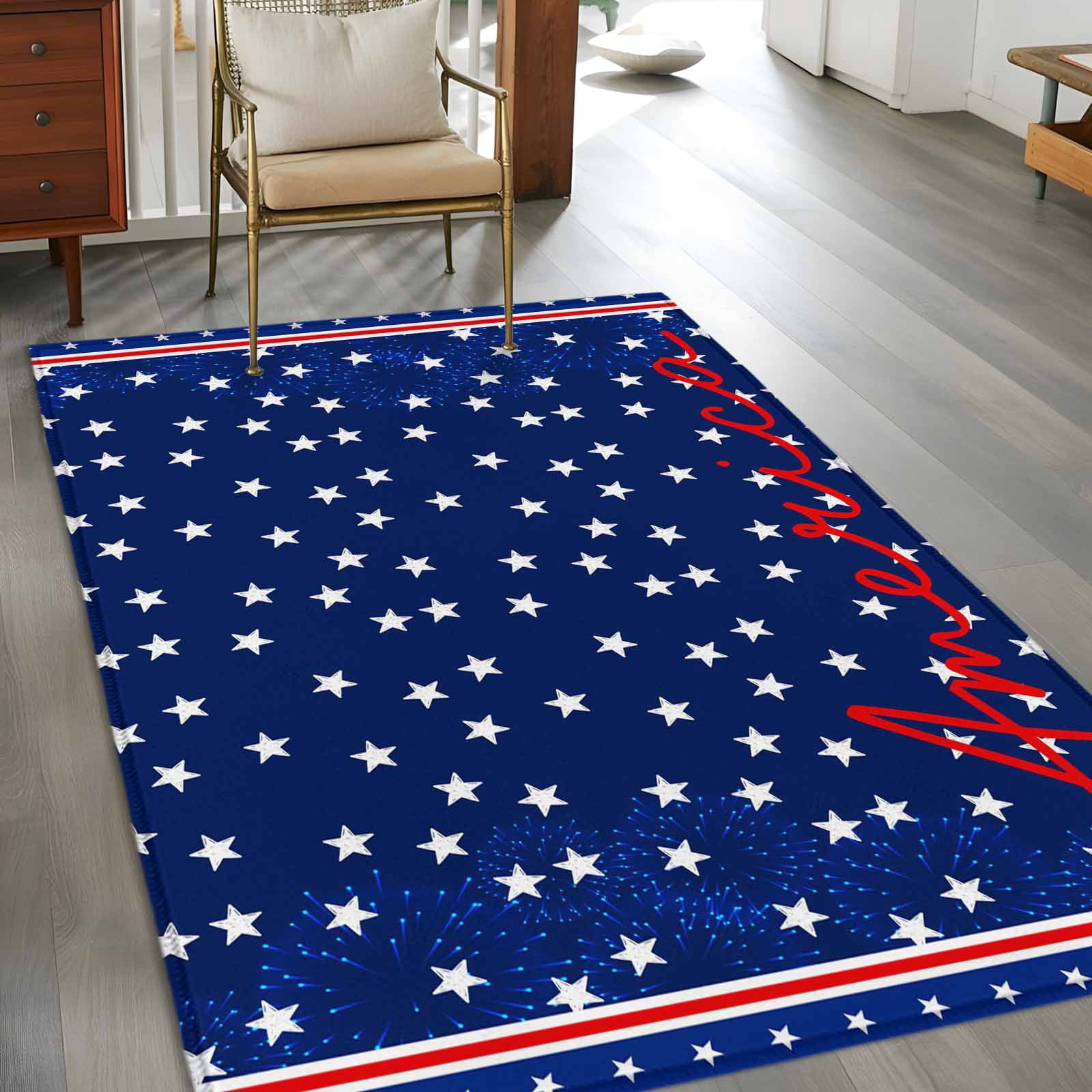 Area Rugs 2.7'x5', 4th of July Carpet for Living Room Bedroom Dining Room, Independence Day American Patriotic Stars Blue Throw Kitchen Rugs Non Slip Washable Rectangle Indoor Outdoor Rugs