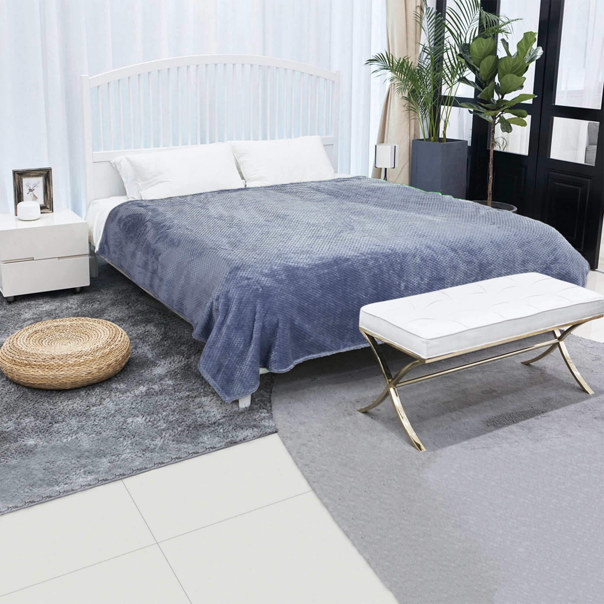 Waffle Flannel Fleece Velvet Soft Plush Throw Bed Blanket Navy Blue 59