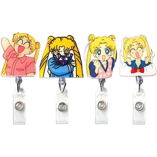 4Pcs Sailor Moon Retractable ID Badge Reel, Japanese Anime Manga Rubber  Plastic Holder Badge Reels Clip for Nurse and Student