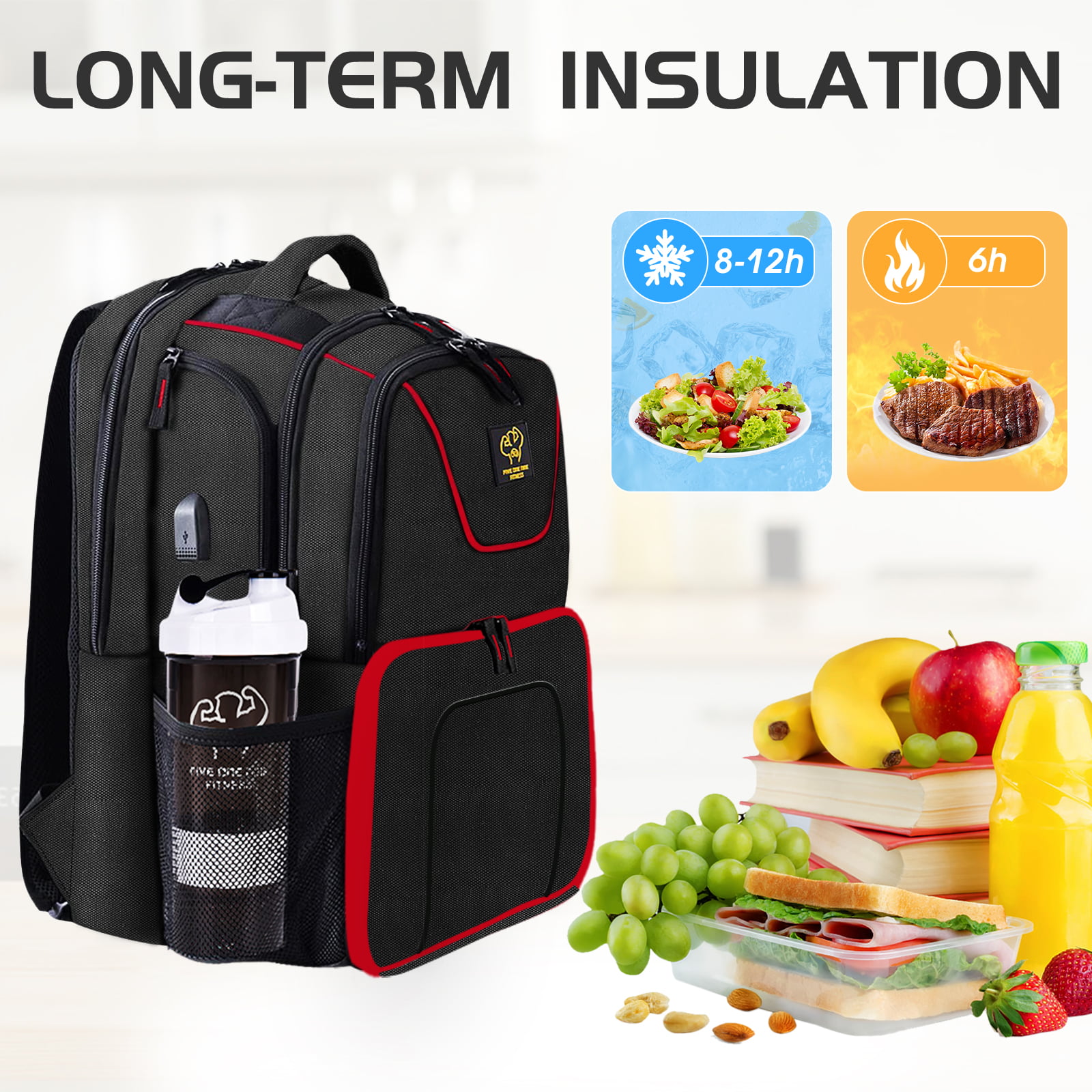 Tactical Meal Prep Backpack,519 Fitness Insulated Lunch Backpack with Removable Meal Compartment,16 Hours Insulation,Hiking Lunch Rucksack with