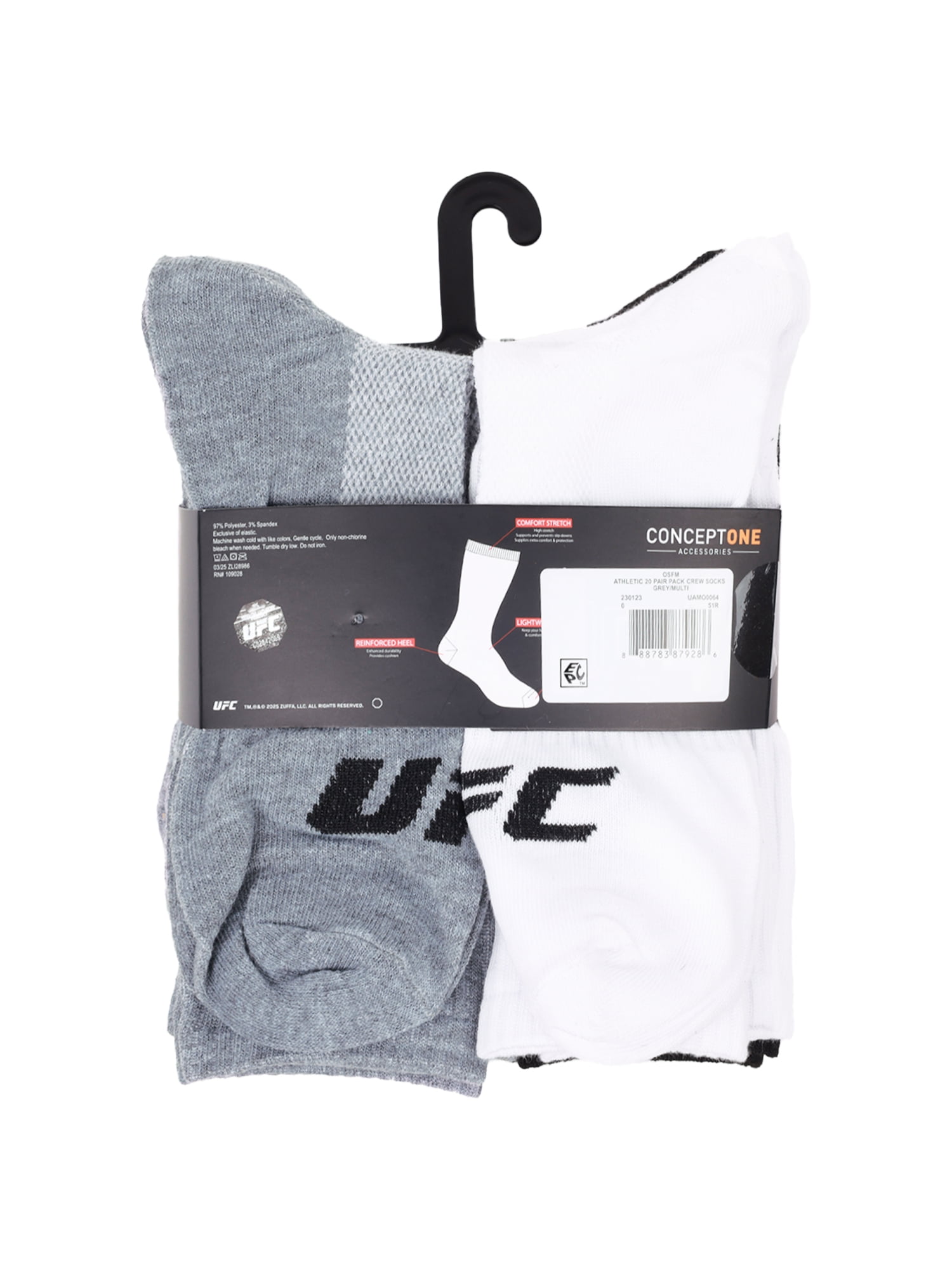 UFC 20 Pair Men's Lightweight Crew Socks with Toe Logo, Blk/Wht/Grey