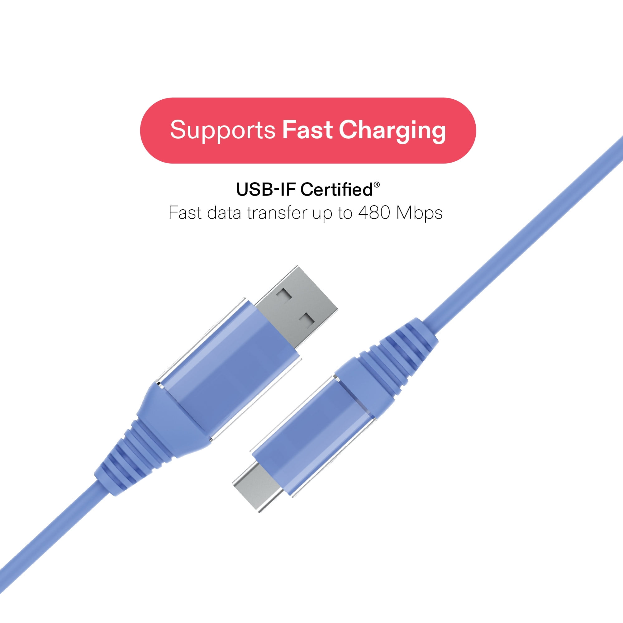 onn 6ft USB-C to USB-A Charging Cable, USB-IF Certified, Blue - Compatible with iPhone 16 Series, iPhone 15 Series, Samsung Galaxy, Note, Pixel Devices iPad Pro, & More