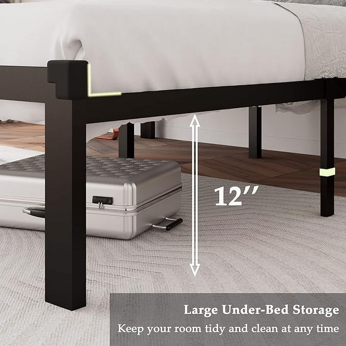 Honfach Queen Size Metal Platform Bed Frame with Faux Leather Upholstered Button Tufted Headboard, Mattress Foundation with 12” Storage, Steel Slats SupportNo Box Spring Needed, Easy Assembly, Black