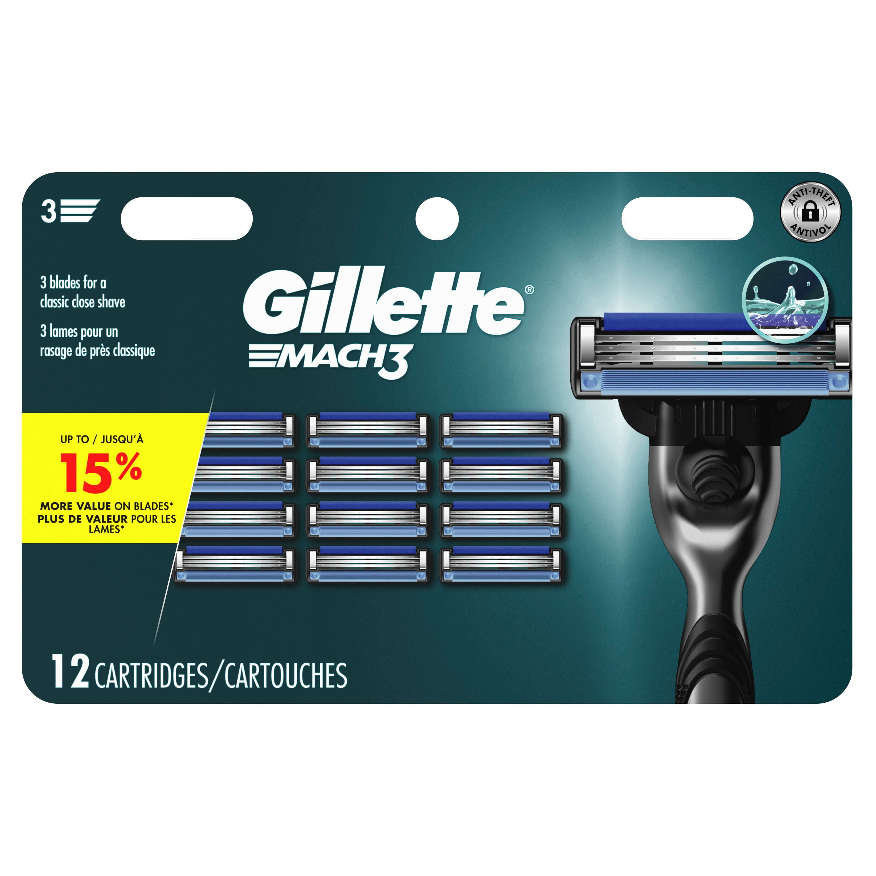 Cartouches de rechange Gillette Mach3, 12 cartouches de rasoir, cartouches de rechange pour hommes avec bande lubrifiante, 3 lames de rasoir pour un rasage de près 12CT