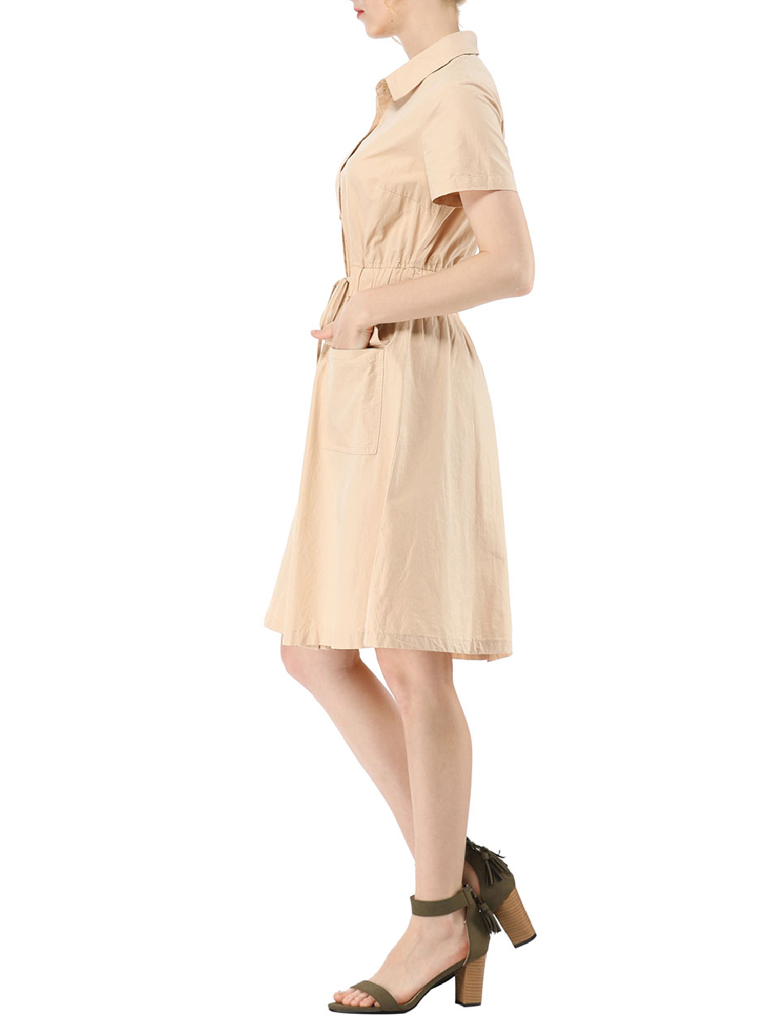 DARING DIVA Collar Elastic Waist Above Knee Dress with Pocket L Beige