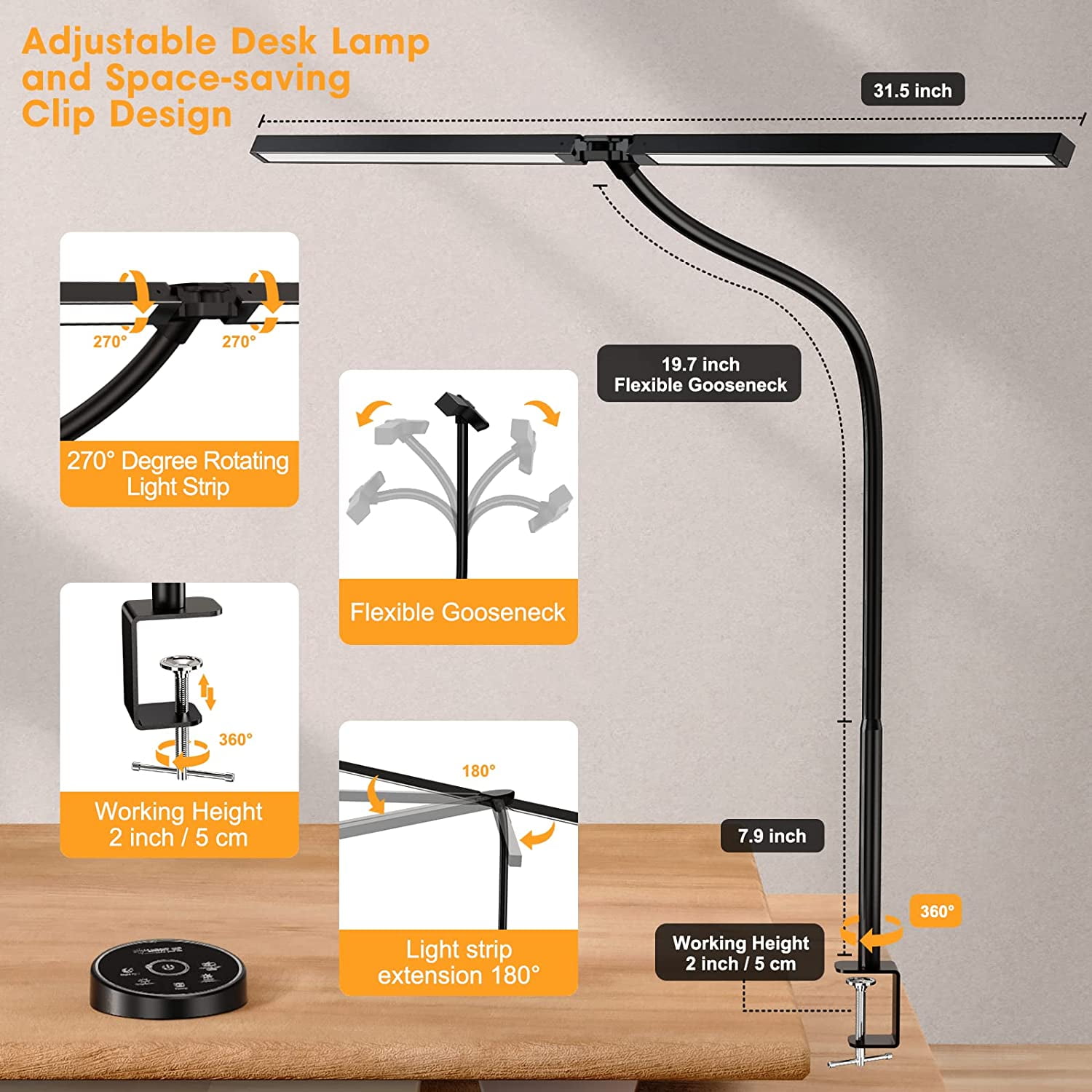 SZRSTH LED Desk Lamp for Home Office - 24W Architect Table  Lamp with Clamp Adjustable Head Stepless Dimming Work Light