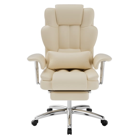 Office Chair, Big and Tall Executive Office Chair with Footrest, Leather Computer Chair, Ergonomic Reclining Chair High Back, Large Home Office Chair (Beige)