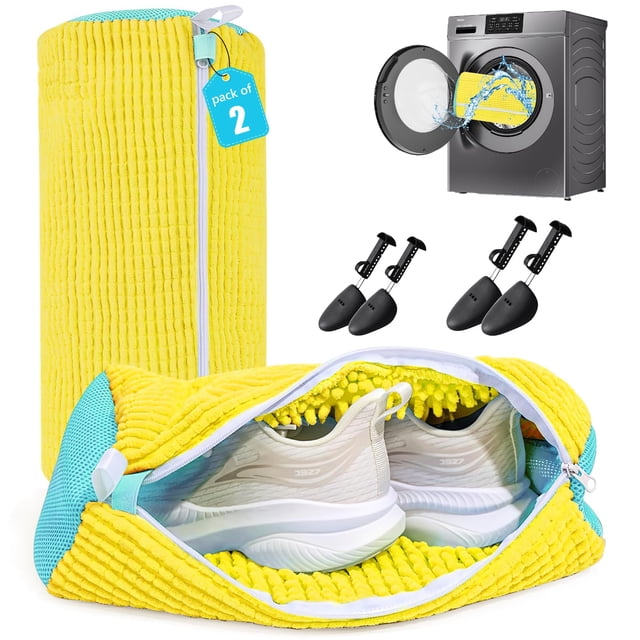 2 Bolsa Lavandería Zapatos,Bolsa Lavadora Tenis Extra Grandes,Duradero y Limpieza de 360°,con 4 Hormador para Zapatos Ajustable,Bolsa de Lavado de Zapatos para Lavadora,Apto para To