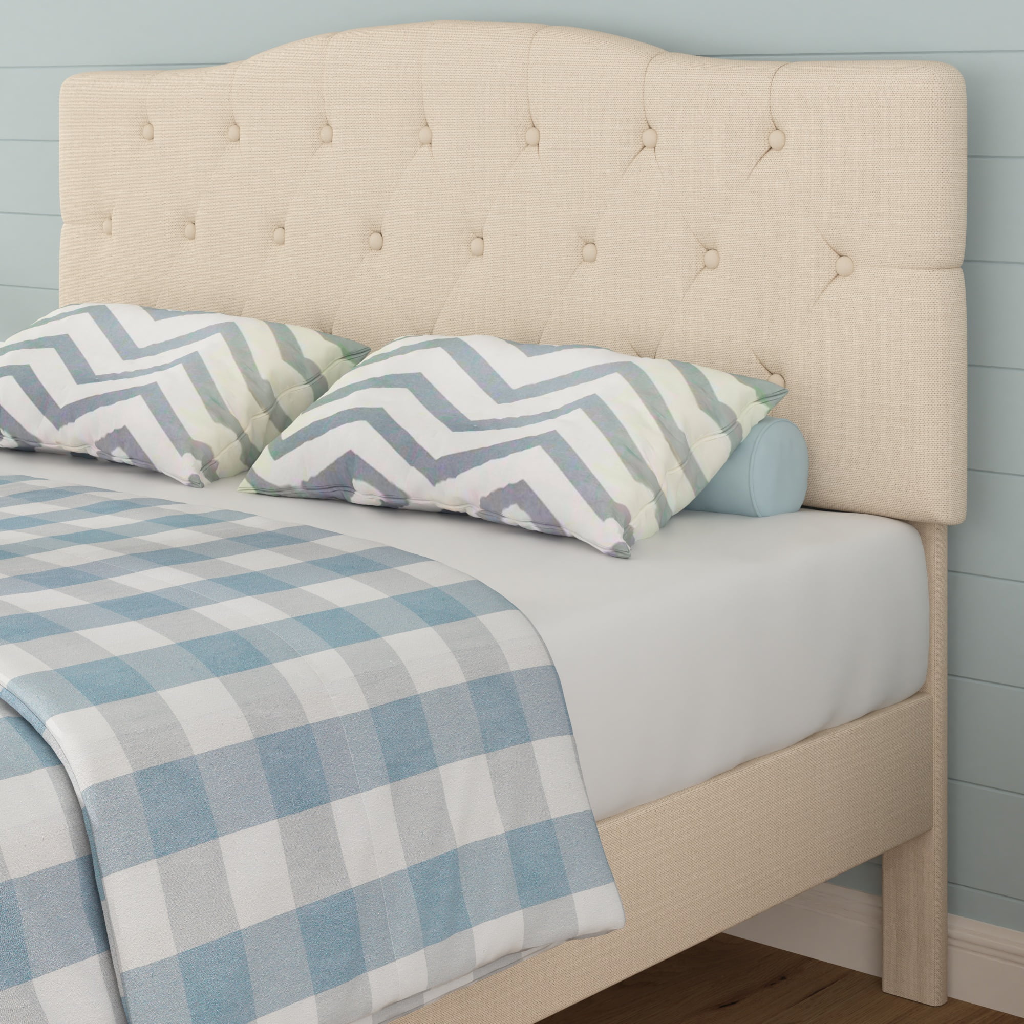 VECELO Queen Upholstered Platform Bed Frame with Diamond Tufted Adjustable Headboard, Wooden Slats Support, No Box Spring Needed, Beige