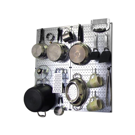 Wall Control Kitchen Pegboard Organizer Pots and Pans Pegboard Pack Storage and Organization Kit with Metallic Silver Pegboard and White Accessories
