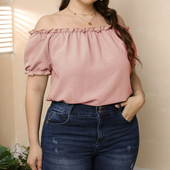 Women's Plus Size Strapless Off The Shoulder Ruched Trim Short Sleeves Solid Color Sexy Summer Tops Blouse Tunics