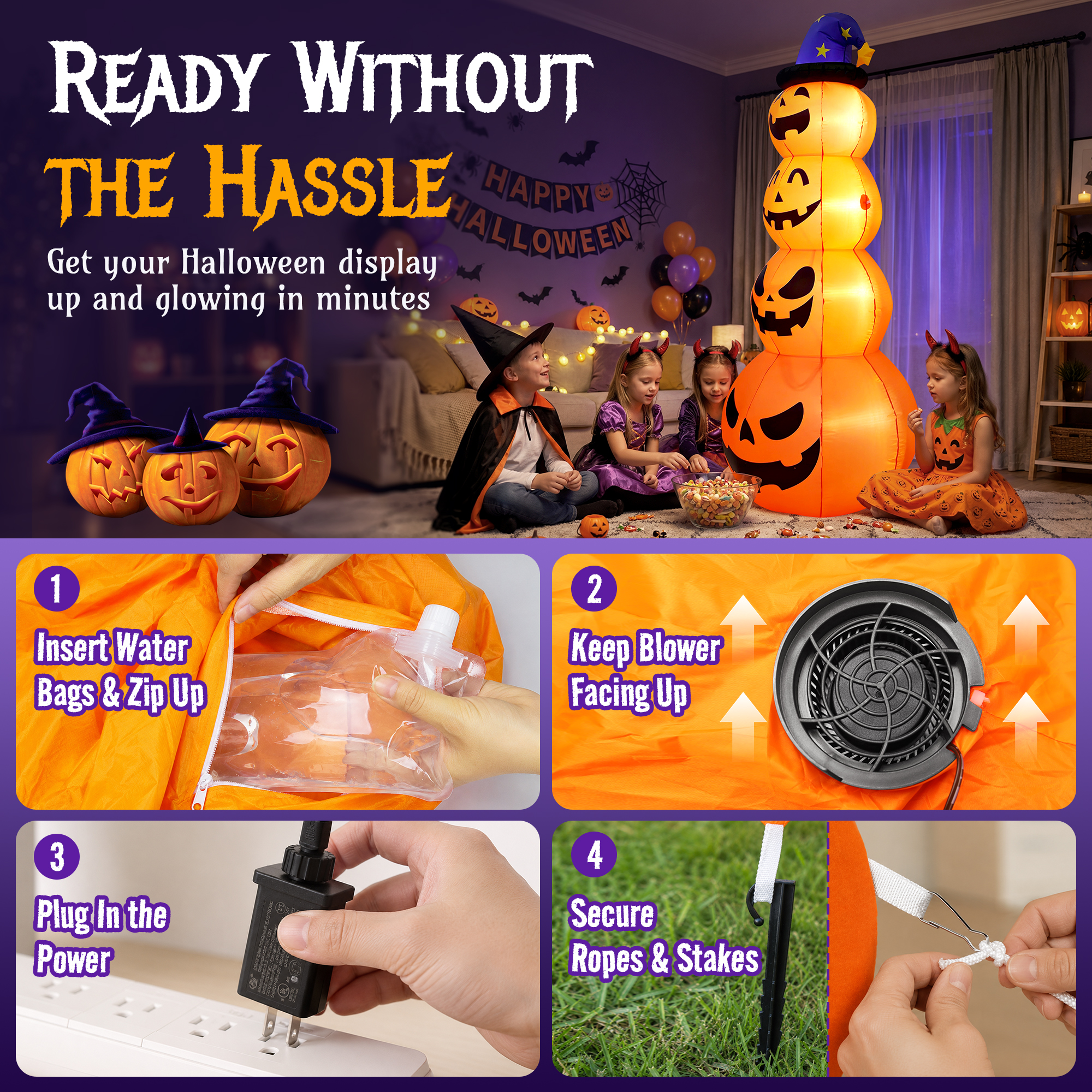 Qunler 8 Ft Halloween Pumpkin Stack Inflatable with Witch Hat photo 6