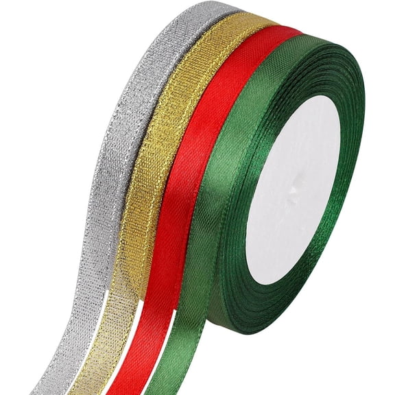 4 Rolls 120 Yards Christmas Ribbons 3/8 Inch Red Green Satin Ribbon Gold Silver Glitter Ribbon for Gift Wrapping Crafts Christmas Tree Holiday Decorations