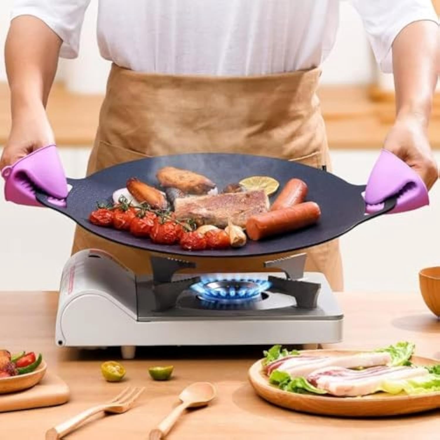Consecutivte Non-Stick Round Baking Pan, Korean Grill Pan For Indoor Cooking, For Home Kitchen Camping Travel, With Clip (34cm/13.38in)