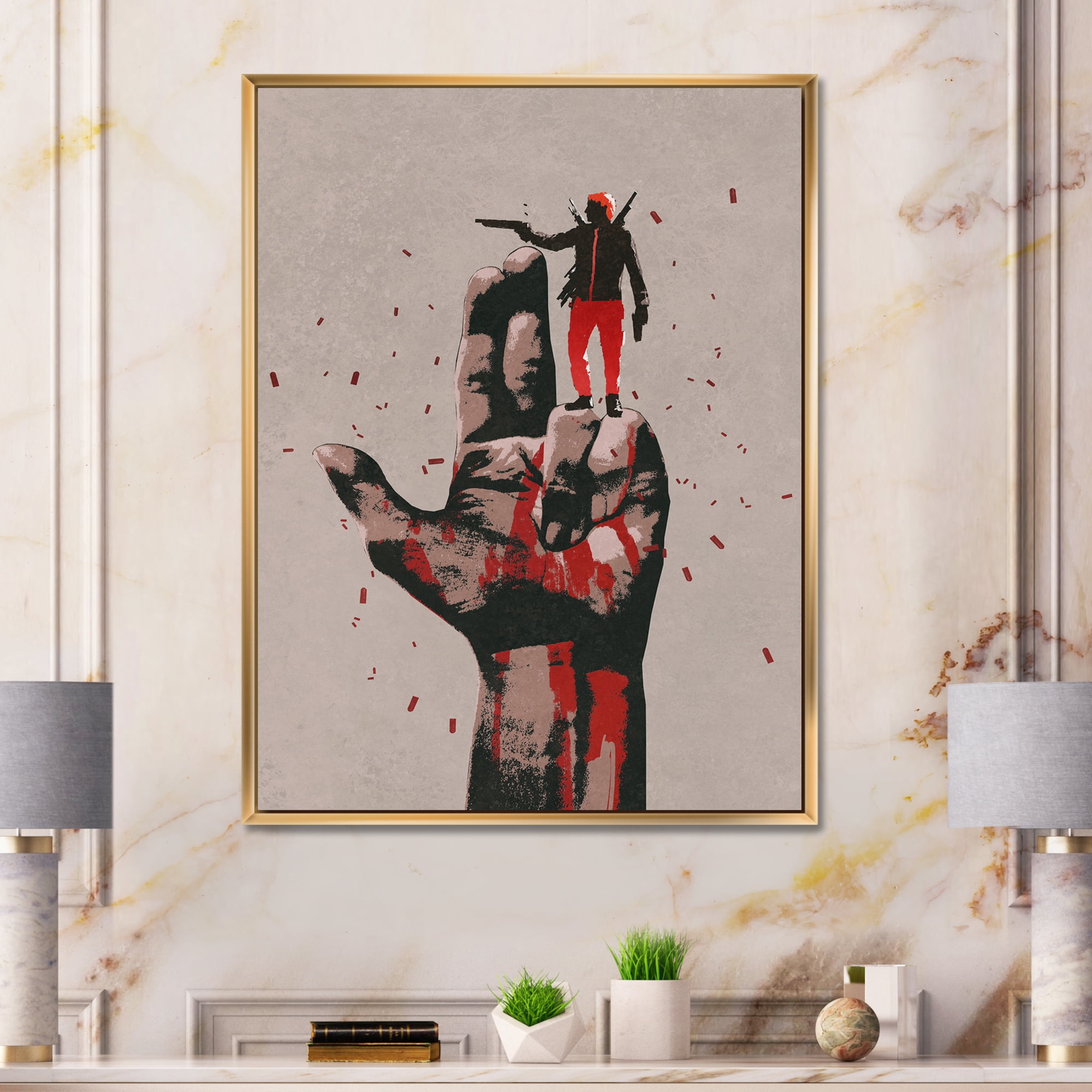 Designart 'Gun Hand Sign With Man Shooting Gun' Modern Framed Canvas Wall Art Print