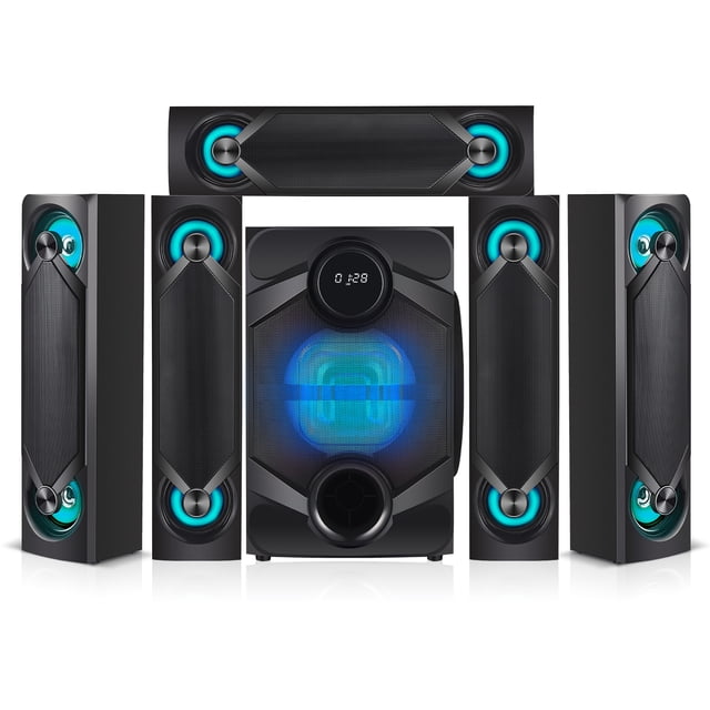 Nyne NHT5.1RGB 5.1 Channel Surround Sound Home Audio Theatre System – For TV, Bluetooth, LED, USB, SD, RCA Out In, 8 Inch Active Subwoofer, 6 Inch Passive Radiator, Soundbar, Cinema Acoustics